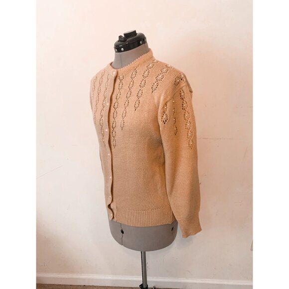 Vintage 80s Carmel Brown Beaded Knit Cardigan Sweater Size Medium - Picture 4 of 10